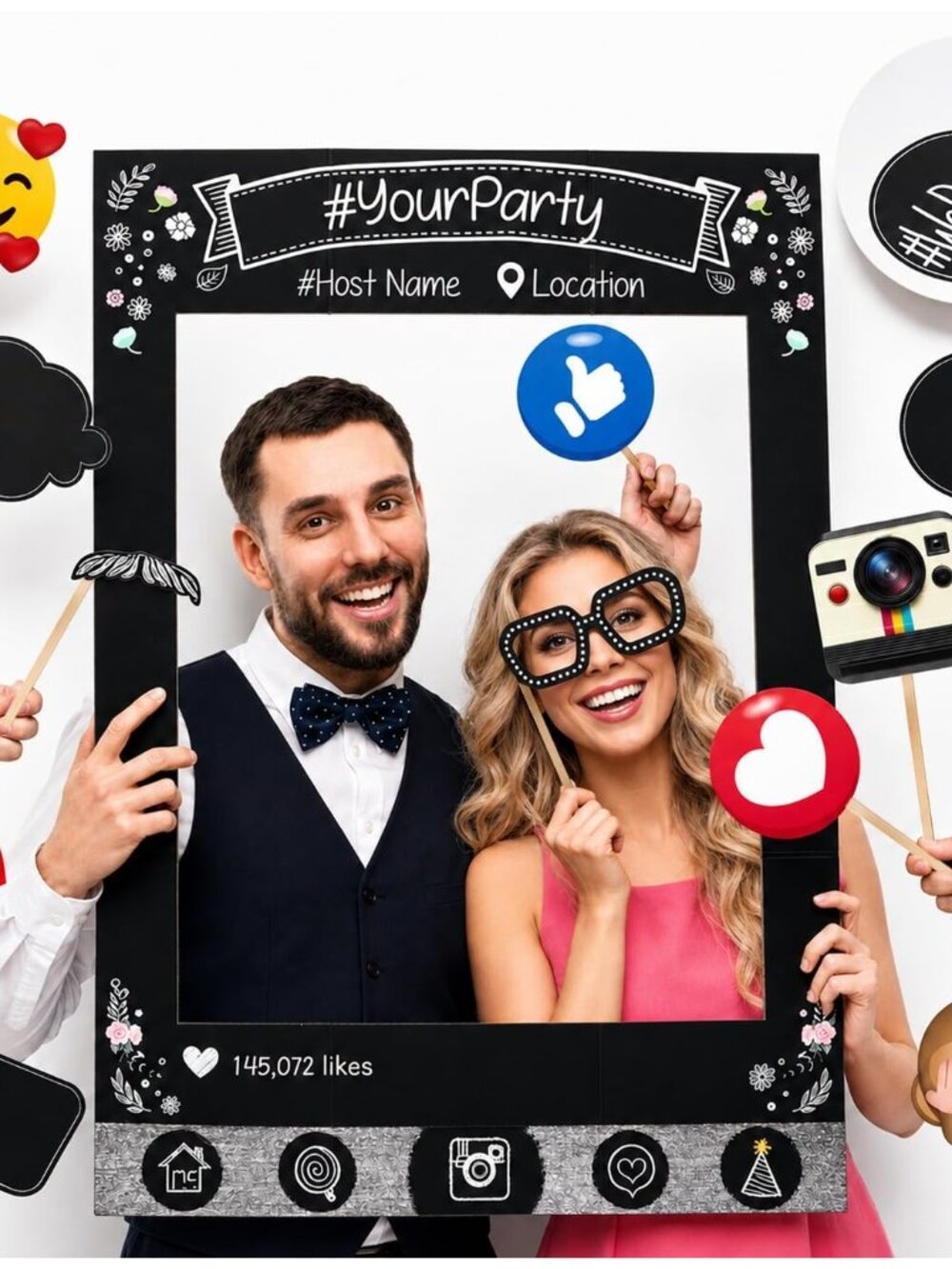Insta-Themed Social Media Party Photo Booth Selfie Frame with Emoji & Speech Bub